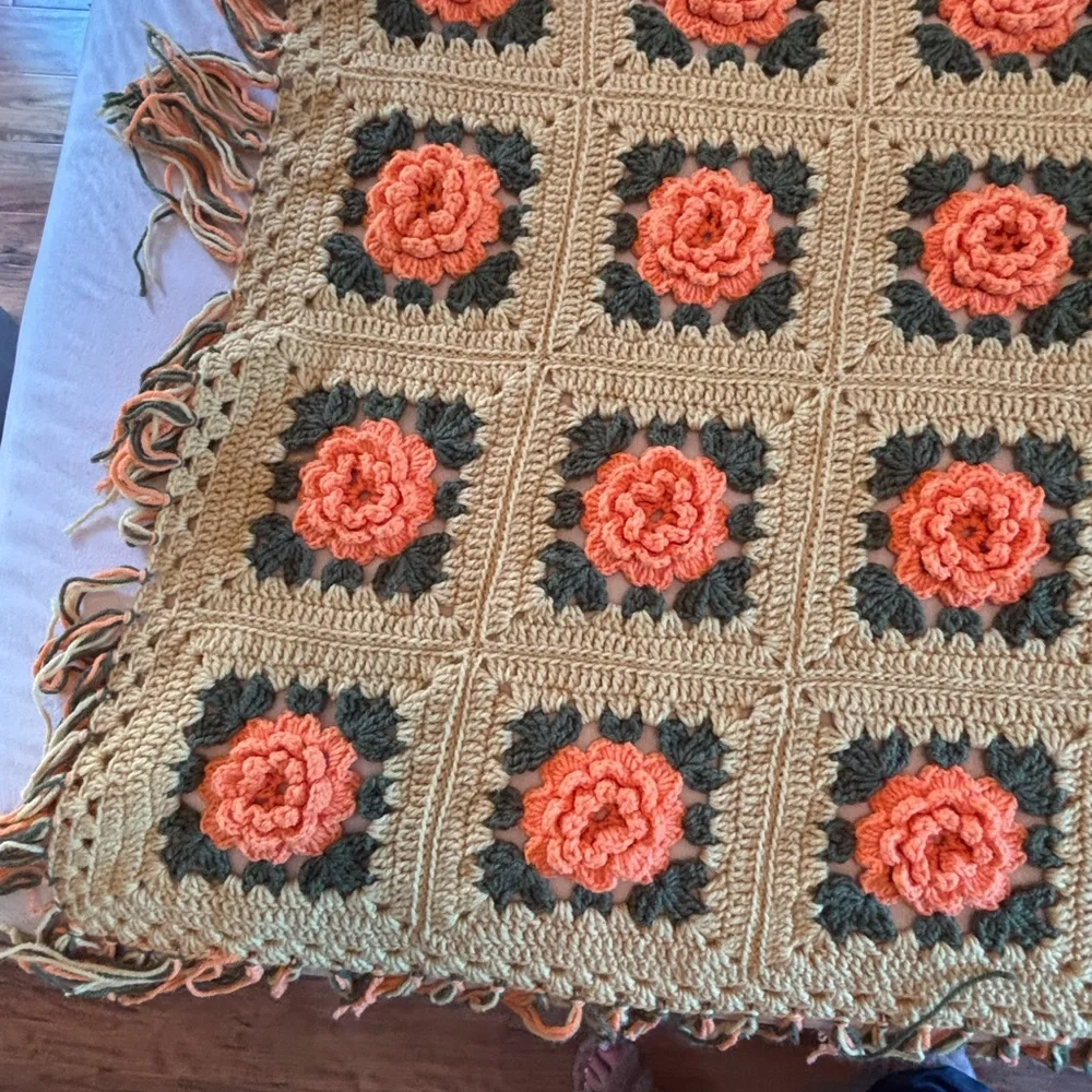 Handmade Crocheted Floral Granny Square Throw - Coral & Tan - Picture 8 of 13
